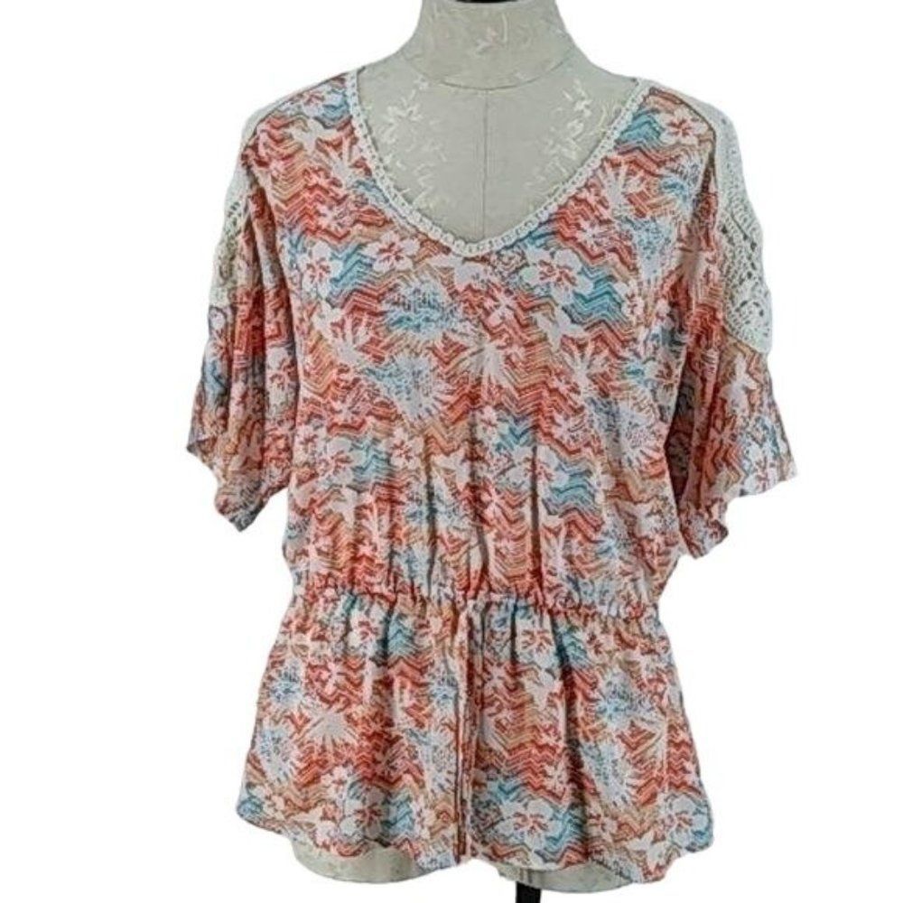 Milano Tropical Print Cold‎ Shoulder peplum blouse